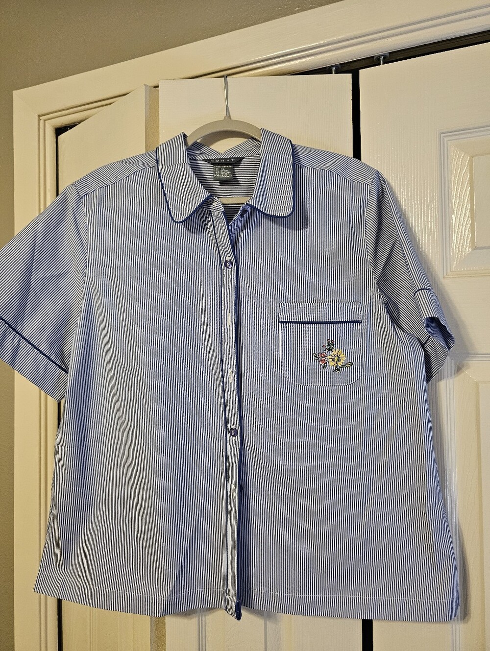 Women's Blue Striped Short-Sleeve Shirt with Embroidered Pocket